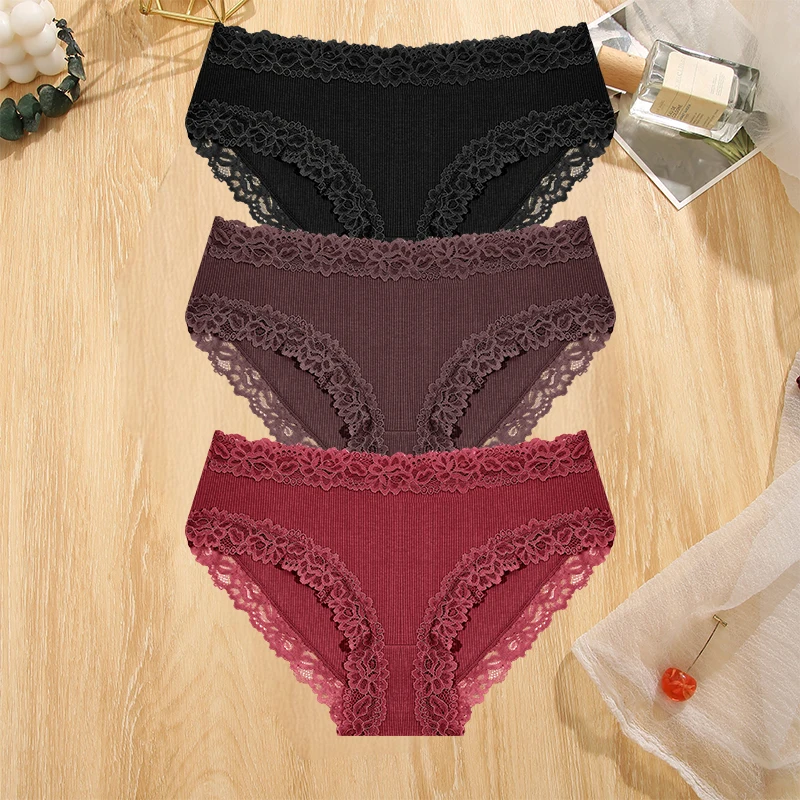 3PCS/Set Sexy Lace Ribbed Floral Panties Cotton Underwear For Women Female Breathable Solid T-back Bikini S-XL Sexy Lace Panties