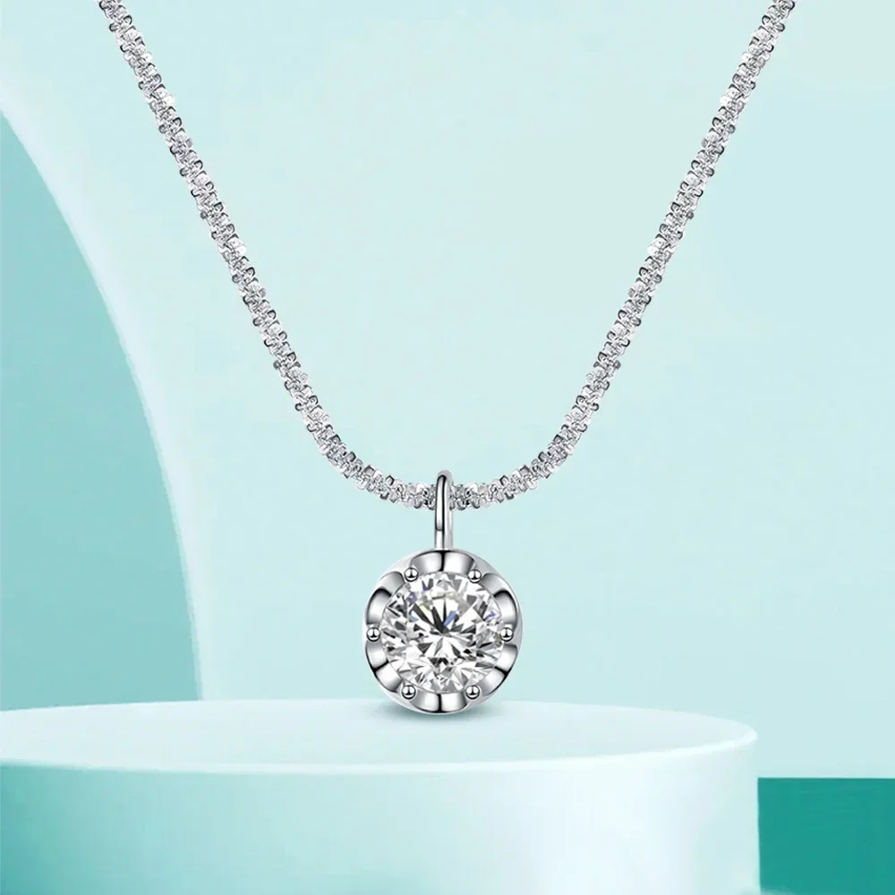 FEOBUR 1/2CT Sparkling Moissanite Diamond Necklace for Women S925 Sterling Silver Chain Round Crown Pendant Necklaces Party Gift