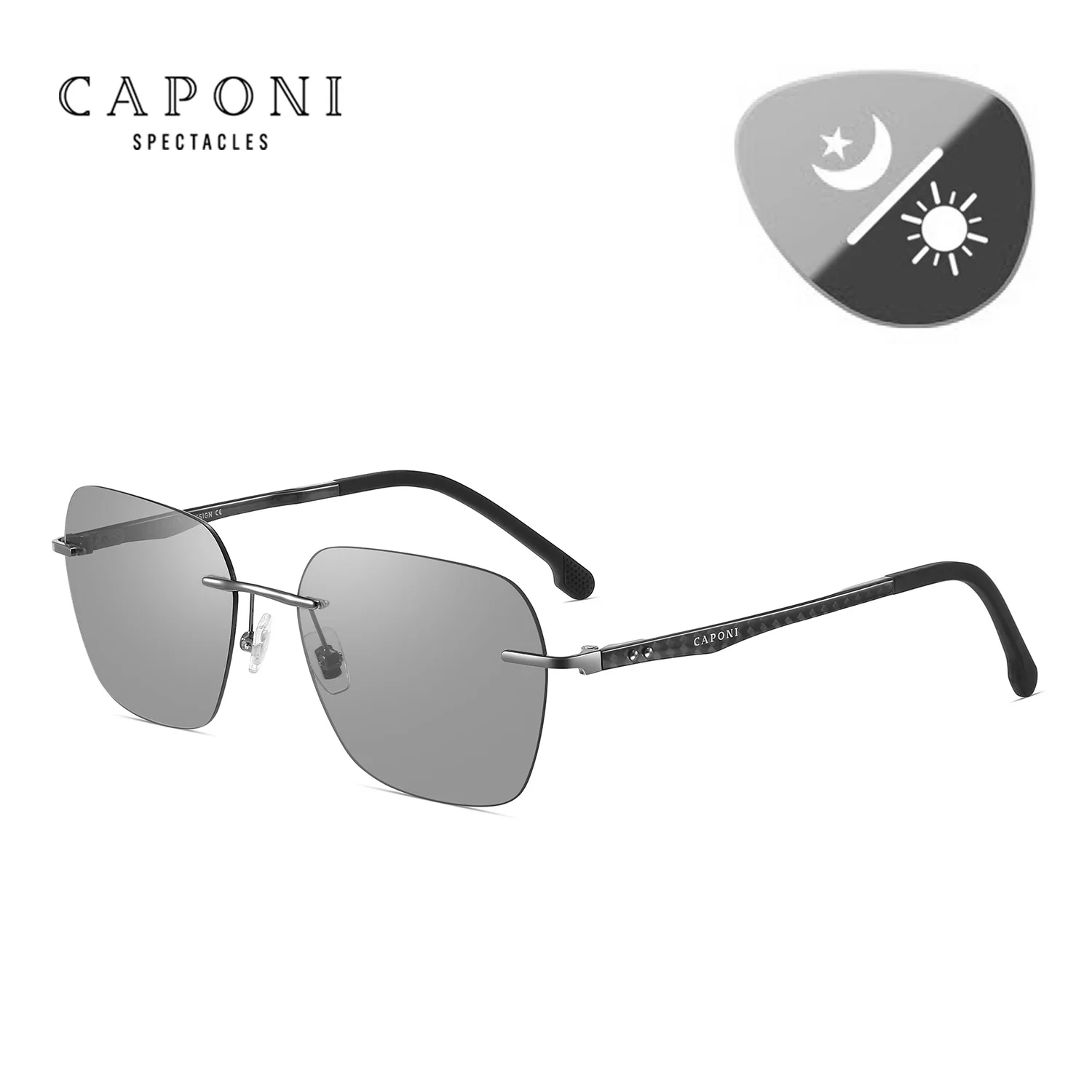 CAPONI Polarized SunGlasses Men Carbon Fiber Light Weight Rimless Driver Sunglasses Photochromic Gray UV400 Eyewear BS24610