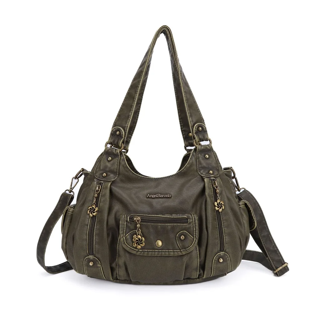 Angelkiss Women Handbags Satchel Top-handle Vintage PU Shoulder Bag 12.5”x4.4” Dumpling Pack Multi-pockets Shoulder Bags Wellet