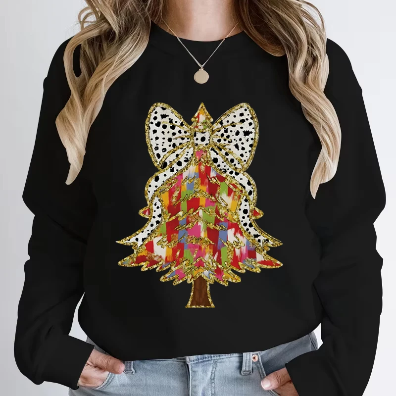 Creative Autumn Winter Women Sweatshirt Funny Leopard Print Bow Christmas Tree Sportswear Crew Neck Female Xmas Party Pullover