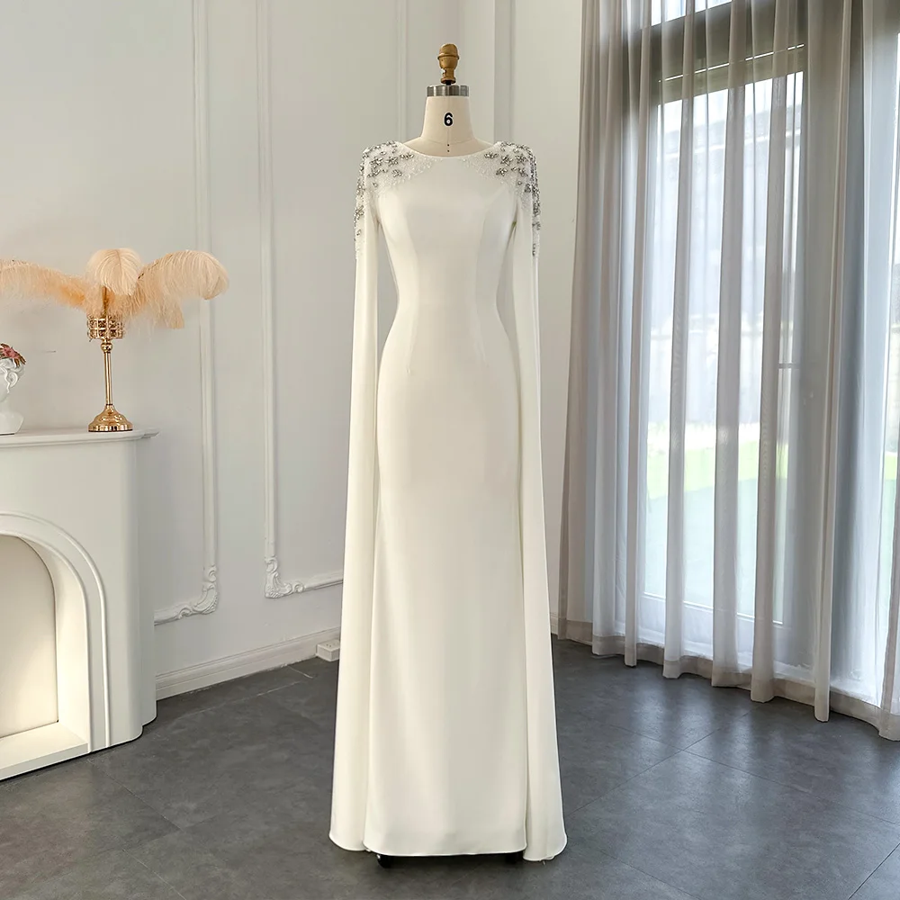 Sharon Said White Mermaid Dubai Evening Dresses for Women Wedding Party Cape Sleeves Muslim Long Formal Dresses SS200 Customized