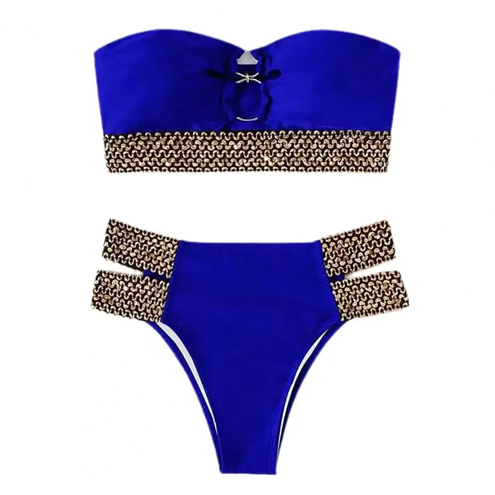 2Pcs/Set Ring Connection Off Shoulder Bikini Set Bandeau Bra High Waist Briefs Swimwear Beachwear