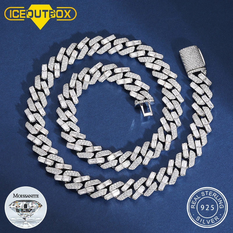 Moissanite Baguette Iced Out Miami Curb Cuban Chain Necklace For Men Women Hip Hop Jewelry 925 Sterling Silver Christmas Gifts