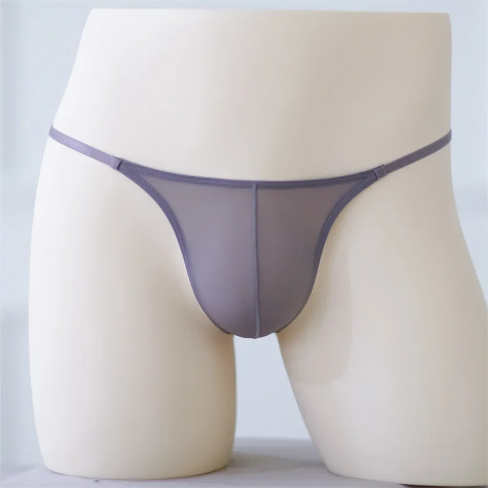 Sexy Men Ice Silky Briefs Thin Strap One-Piece Half Pack Hip Ultra Low Waist Panties Breathable See Through Thongs Underwear