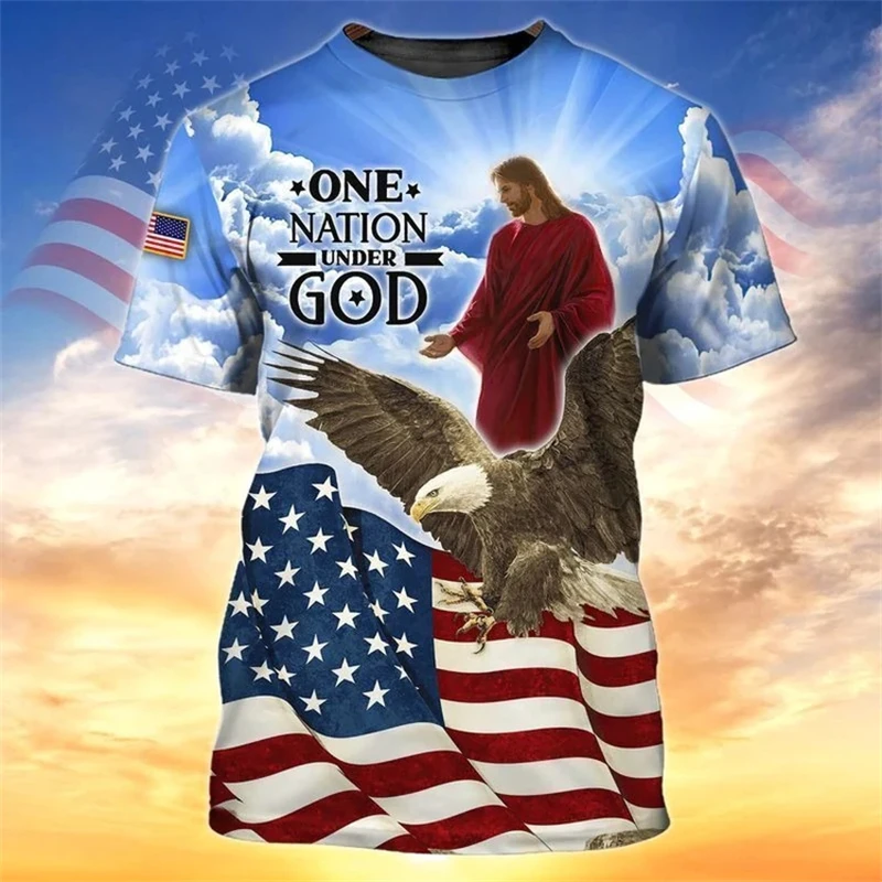 Men Tee Shirt Fashion T-shirt Summer Clothing Jesus Pattern USA Eagle Flag 3d Print Tops Casual Sportswear Oversized Tees Homme