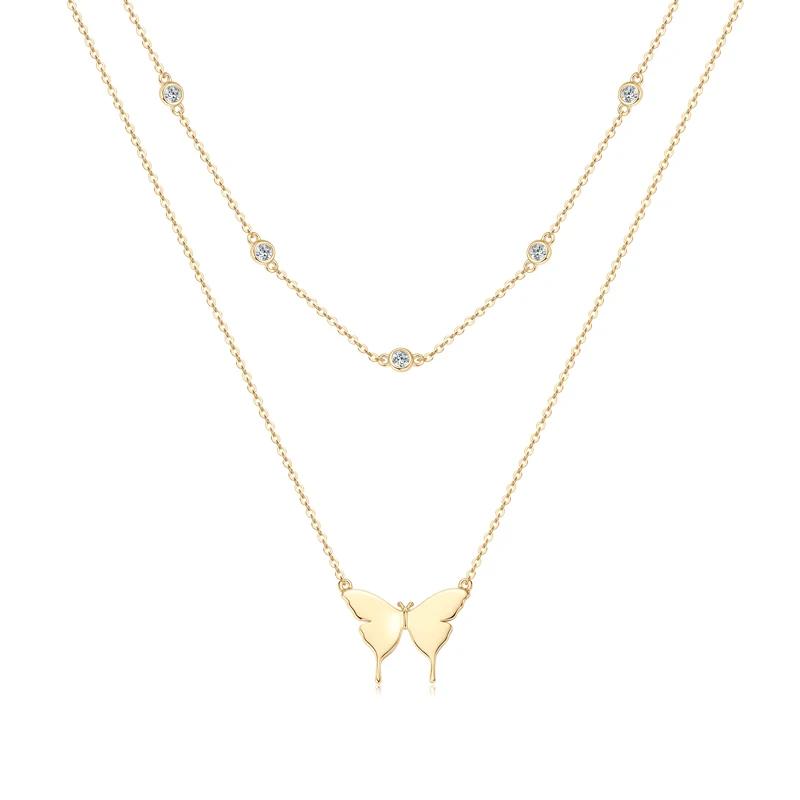 IOGOU Double Layered Moissanite Necklace 925 Sterling Silver Butterfly Pendant Clavicle Chain for Women Jewelry Gifts Christmas