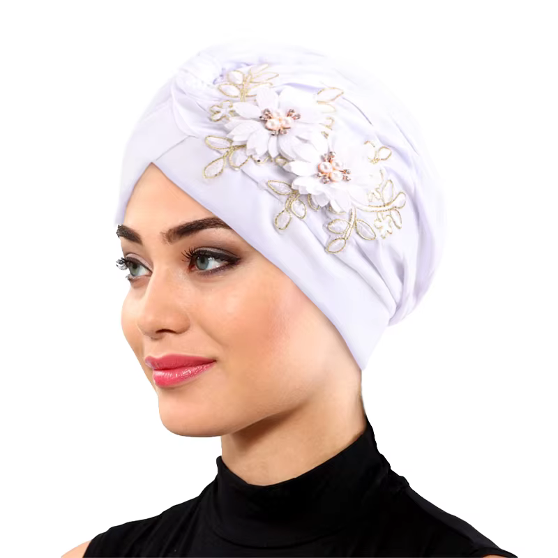 Solid Color Folds Pearl Flowers Muslim Turban Scarf Women Islamic Ladies Hijab Caps Arab Wrap Head Femme Headscarf
