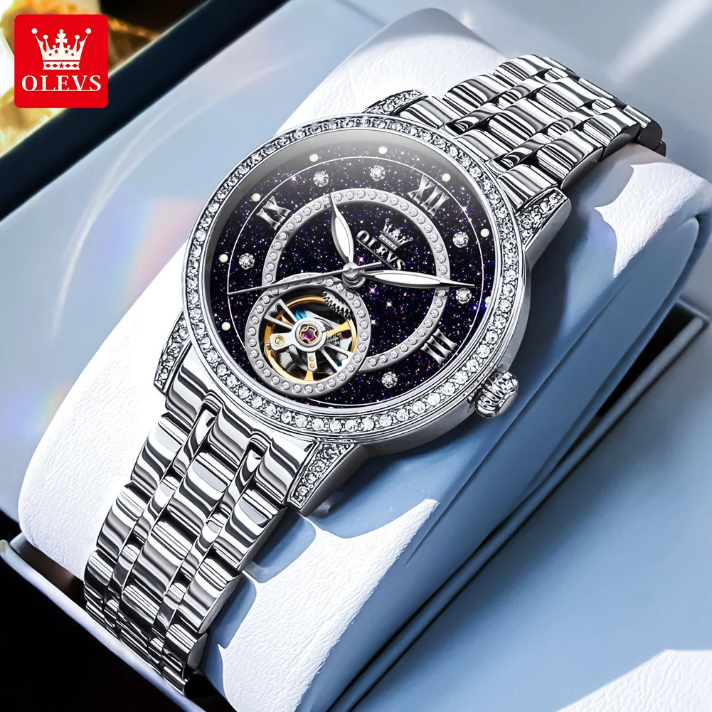 OLEVS 7036 Womens Watch Original Fashion Mechanical Wristwatch Waterproof Luminous Reloj Mujer Inlaid Zircon Dial Ladies Watch