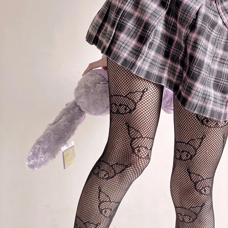 Cute Hello Kitty Kuromi Fishing Net Socks Black White Silk Stockings For Women Anti-hook Silk Bottom Pantyhose