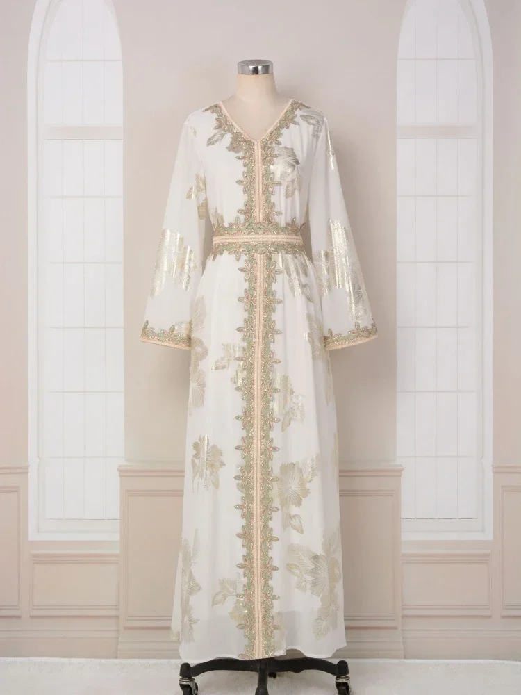 Eid Muslim Women Dress Gown Turkish Caftan Abaya Jalabiya Ramadan Party Dresses Morocco Kaftan V Neck Belt Embroidery Vestidos