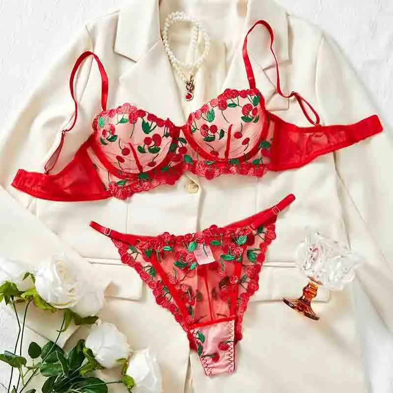 Sexy Lingerie Sets Ultra Thin Lace Transparent Underwear Romantic See Through Exotic Sets Embroidery Flowers Red Bra Brief Sets