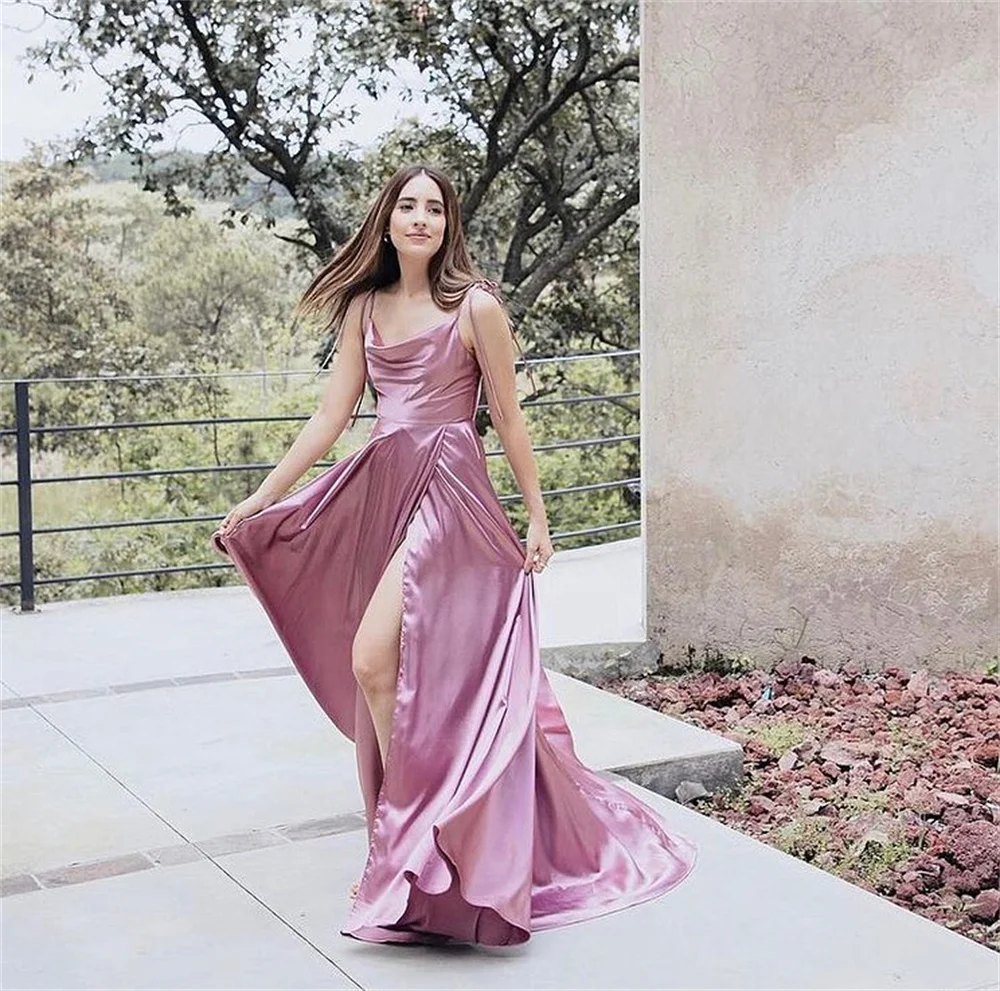 Ladies Navy Blue A-line Long Satin Evening Dresses with Adjustable Spaghetti Straps 2024 Sexy Slit Cocktail Prom Party Gala Gown