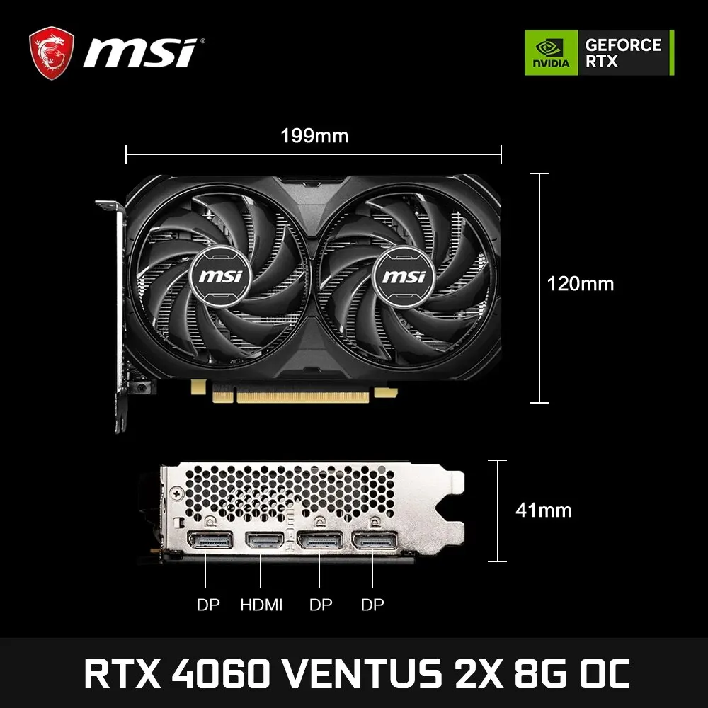 MSI GeForce RTX 4060 VENTUS 2X BLACK 8G OC Gaming Graphics Card 8G GDDR6 128-bit PCI-E 4.0x8 HDMI DP 8Pin Desktop Video Card New
