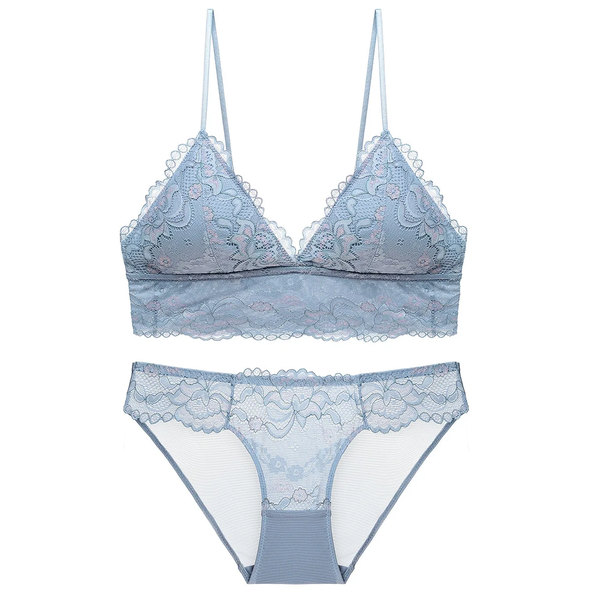 Sexy Lingerie Girls Wireless Lace Thin Triangle Cup Bra and Briefs Set Underwear with Removable Padded Women Intimates