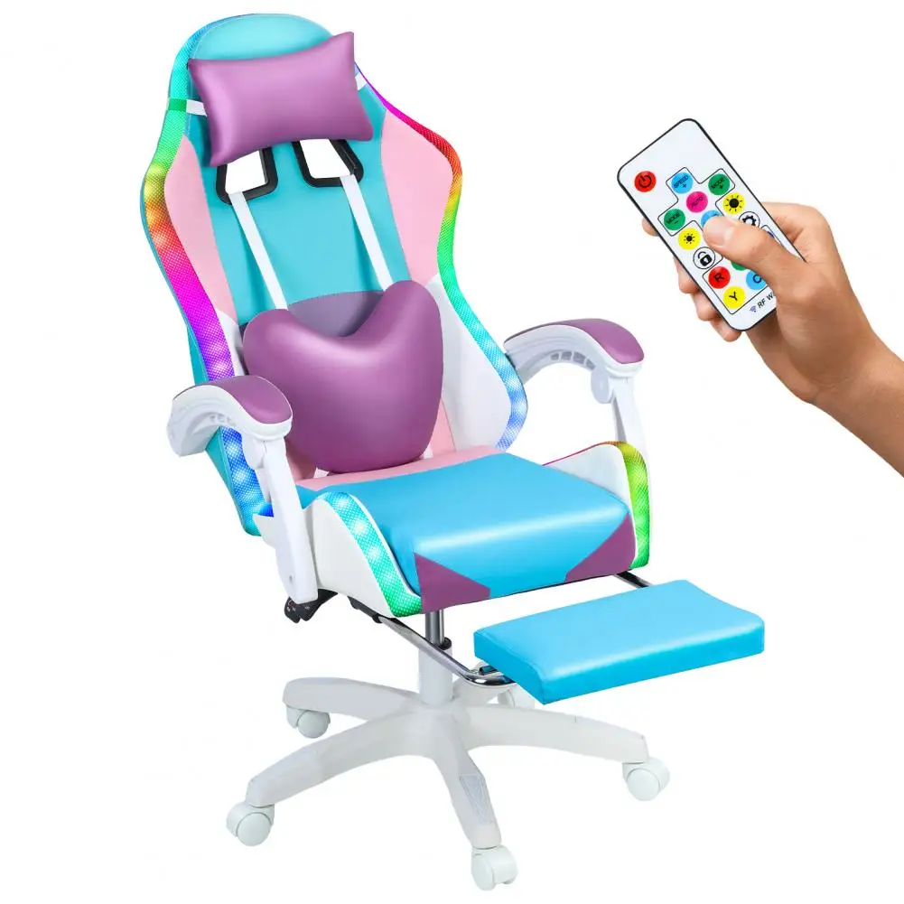 Gaming Chair with RGB LED Lights Girl Video Chair with Massage and Footrest Reclining Massage PC Chair Height Adjustable