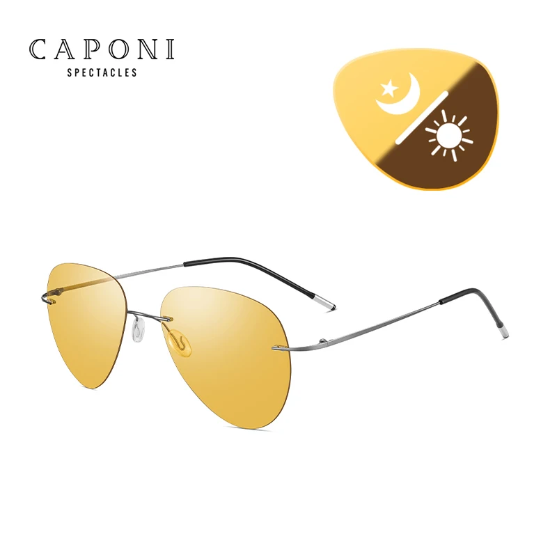 CAPONI Rimless Sunglasses Night Vision Yellow Pilot Sun Glasses For Men Women Discoloration Multifunction UV400 Glasses BSYS7466