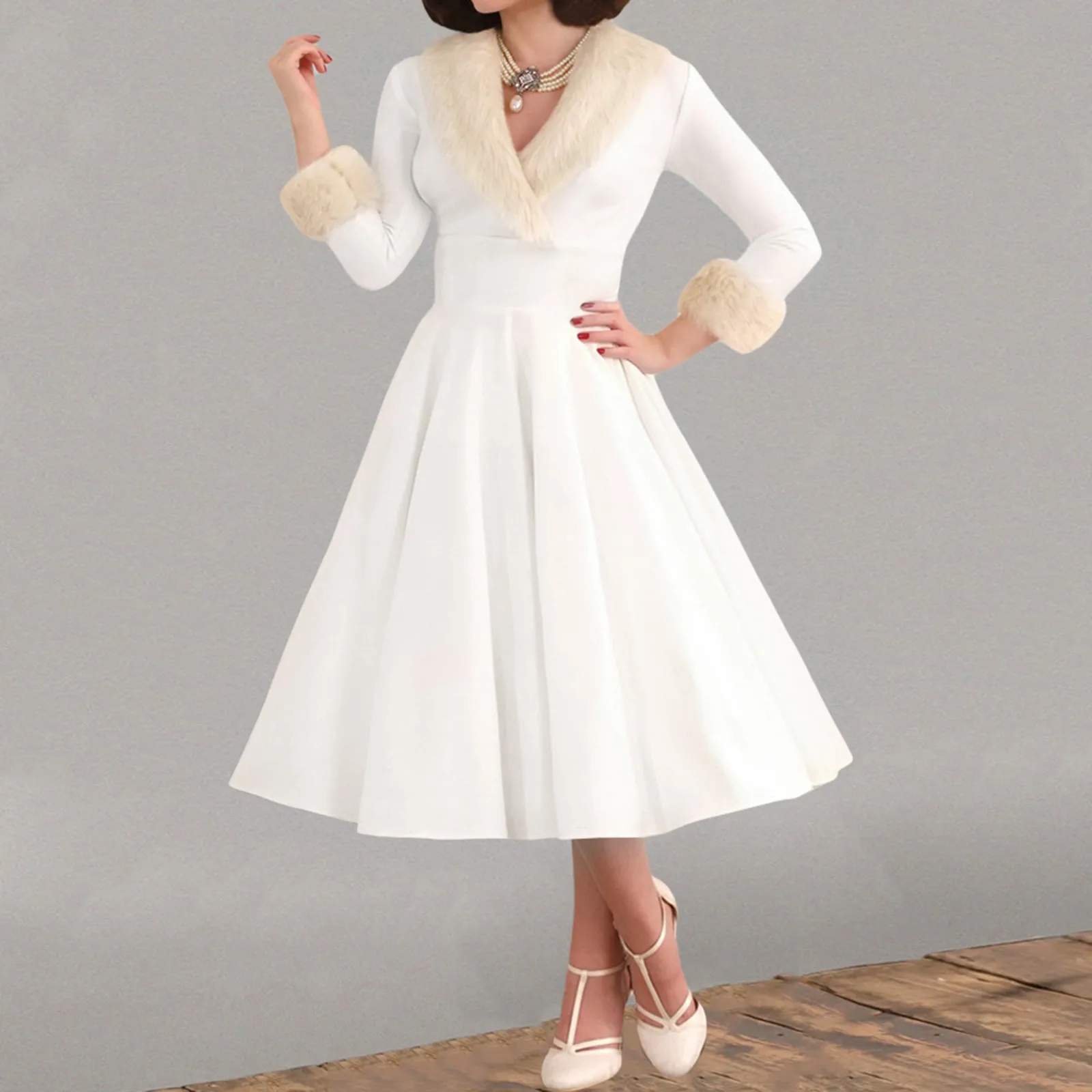 Women Temperamental Christmas Dresses Deep V-Neck Plush High Waist Party Dress Xmas New Year Red White Formal Cocktail Dress