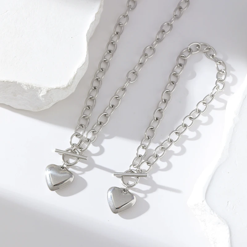 EILIECK New Fashion Gold Color Heart Necklace Bracelets Set For Women Trendy OT Buckle Chain Stainless Steel Waterproof Jewelry