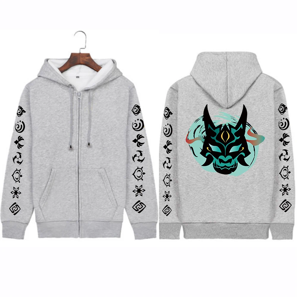 Genshin Impact Xiao Mask Fangs Anime Print Zipper Hoodies Men Women Harajuku Fashion Long Sleeve Plus Size Zipper Jacket Coat