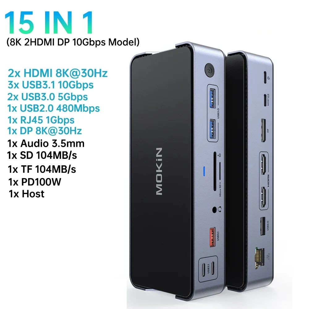MOKiN USB C Docking Station 2HDMI DP USB 3.1 10Gbps SD/TF RJ45 Audio PD 100W Adapter for Macbook Mac iPad Laptop 8K 30HZ usb hub