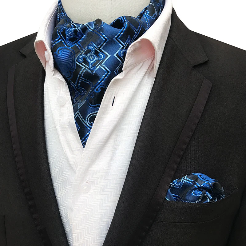 Jacquard Paisley Men Cashew Cravat Formal Ascot Scrunch Self British Gentleman Polyester Tie Pocket Square Set For Wedding Party