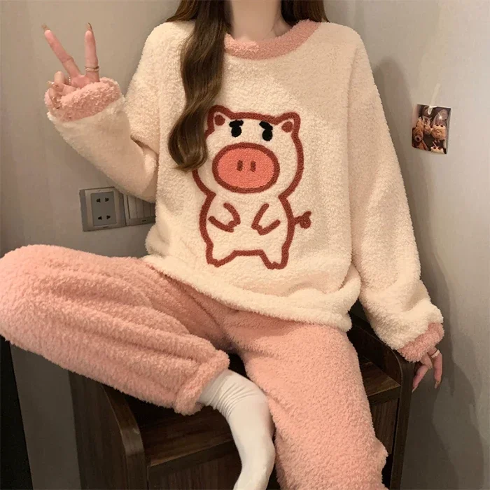 Winter Pajama Sets for Women 2 Piece Set Pajamas Sleepwear Thick Loose Pyjamas Nightgown Soft Warm Girls  Homewear Night Clothes
