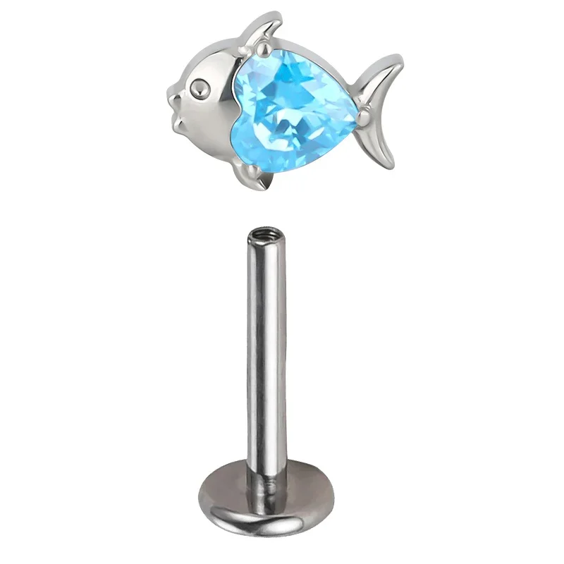 ASTM F136 Titanium PIERC Fish EAR Stud CZ Pave Top Cartilage Tragus Earrings Ear Lip Tongue Helix Studs Body Piercing Jewelry