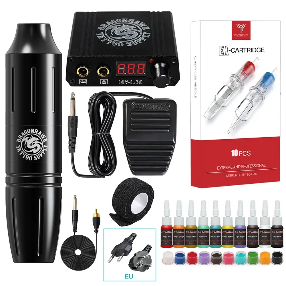 Dragonhawk S11 Tattoo Pen Set Mini Power Supply Foot Pedal Rotating Pen Suit Tattoo Supply Tattoo Machine Kit Complete With Ink