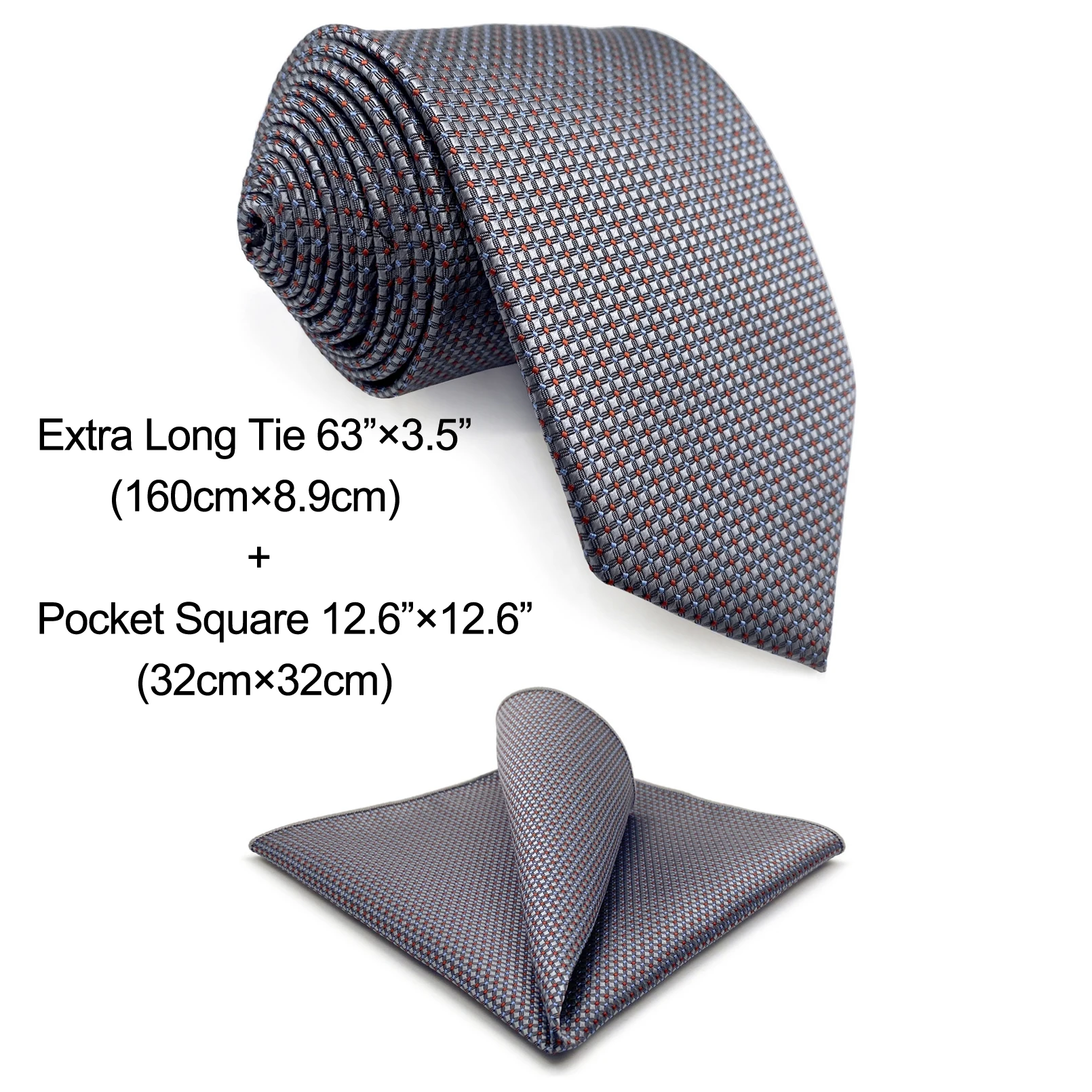A96 DotsGray White Ties For Men Silk Neckties Pocket Square Set Extra Long Slim Gift Wedding
