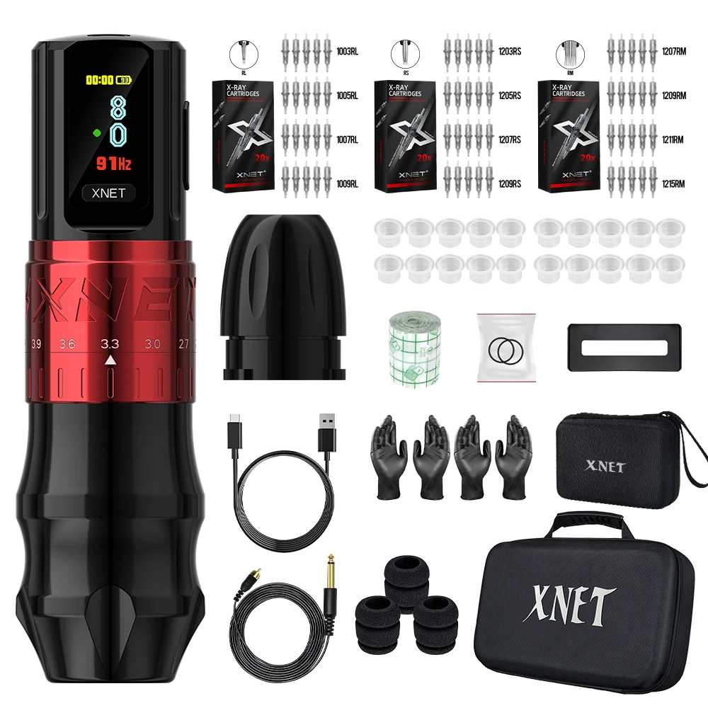 XNET Bestia Wireless Tattoo Machine Pen Kit Adjustable Stroke 2.4-4.2mm 2400mAh Battery OLED Display 60pc Mixed Tattoo Cartridge