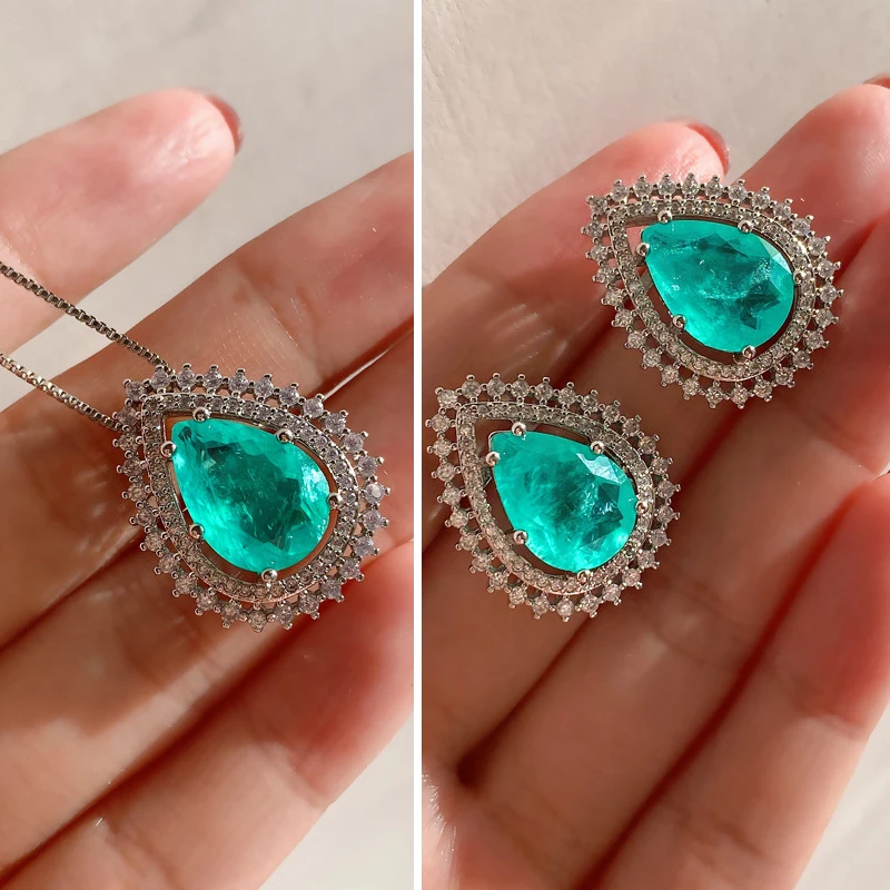 QXTC Pear-Shape Paraiba Tourmaline Emerald Gemstone Lab Diamond Pendant Necklace Stud Earrings Jewelry Sets Gifts for Women