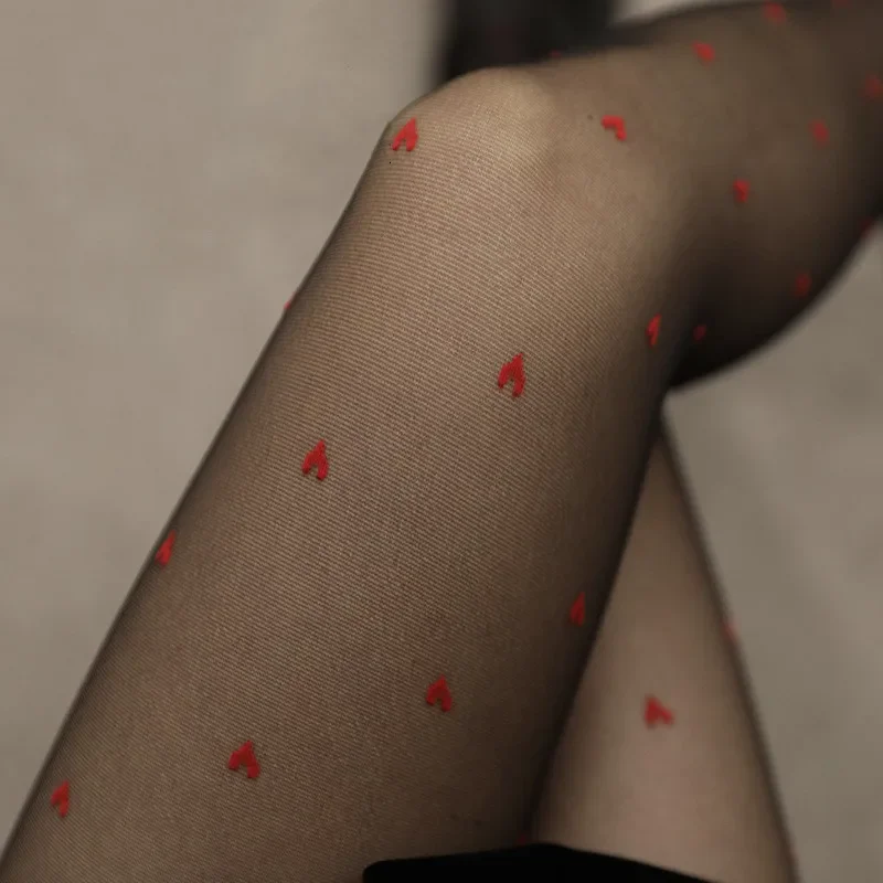 Women JK Lolita Girls Thigh High Long Tights Stockings Pantyhose Japanese Style Heart Print Thin Nylon Tights Body Stockings