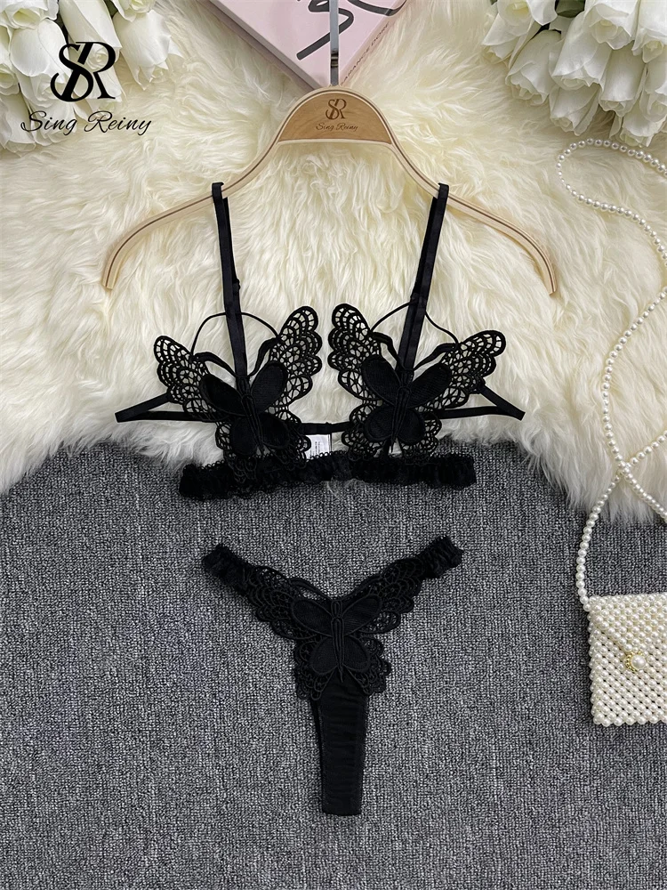 SINGREINY Porno Lace Sheer Underwear Suits Butterfly Design Skinny Club Sleepwear Women Embroiderty Solid Sexy Bra&Briefs Sets