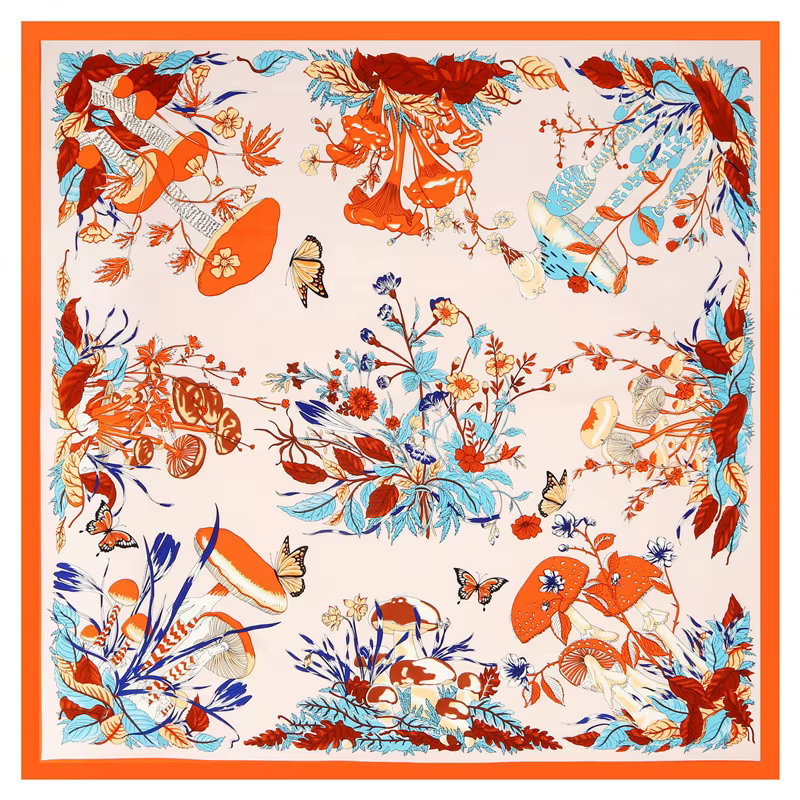 POBING Silk Scarf Women Large Shawls Plant Mushroom Print Stoles Square Bandana Luxury Kerchief Hijab Female Foulards 130CM