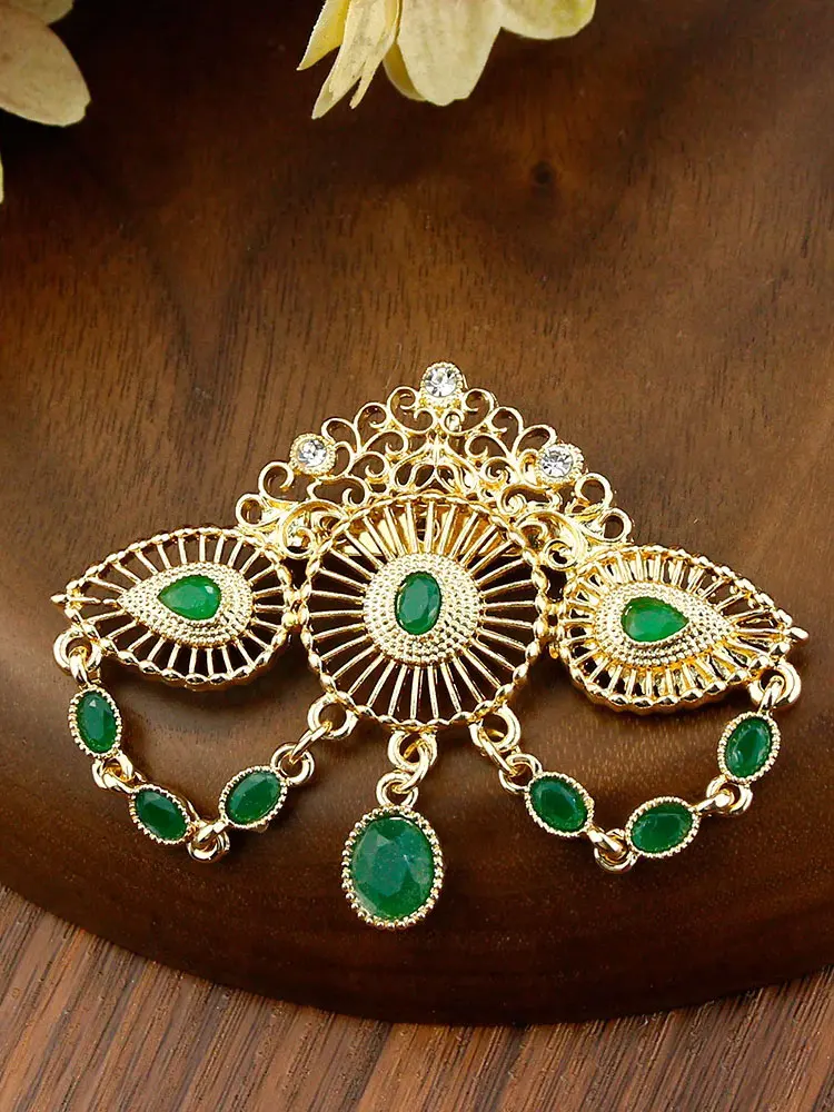 Sunspicems Crystal Moroccan Brooch For Women Long Bead Chain Pendant Arabic Lapel Hijab Pin Algeria Bridal Wedding Jewelry