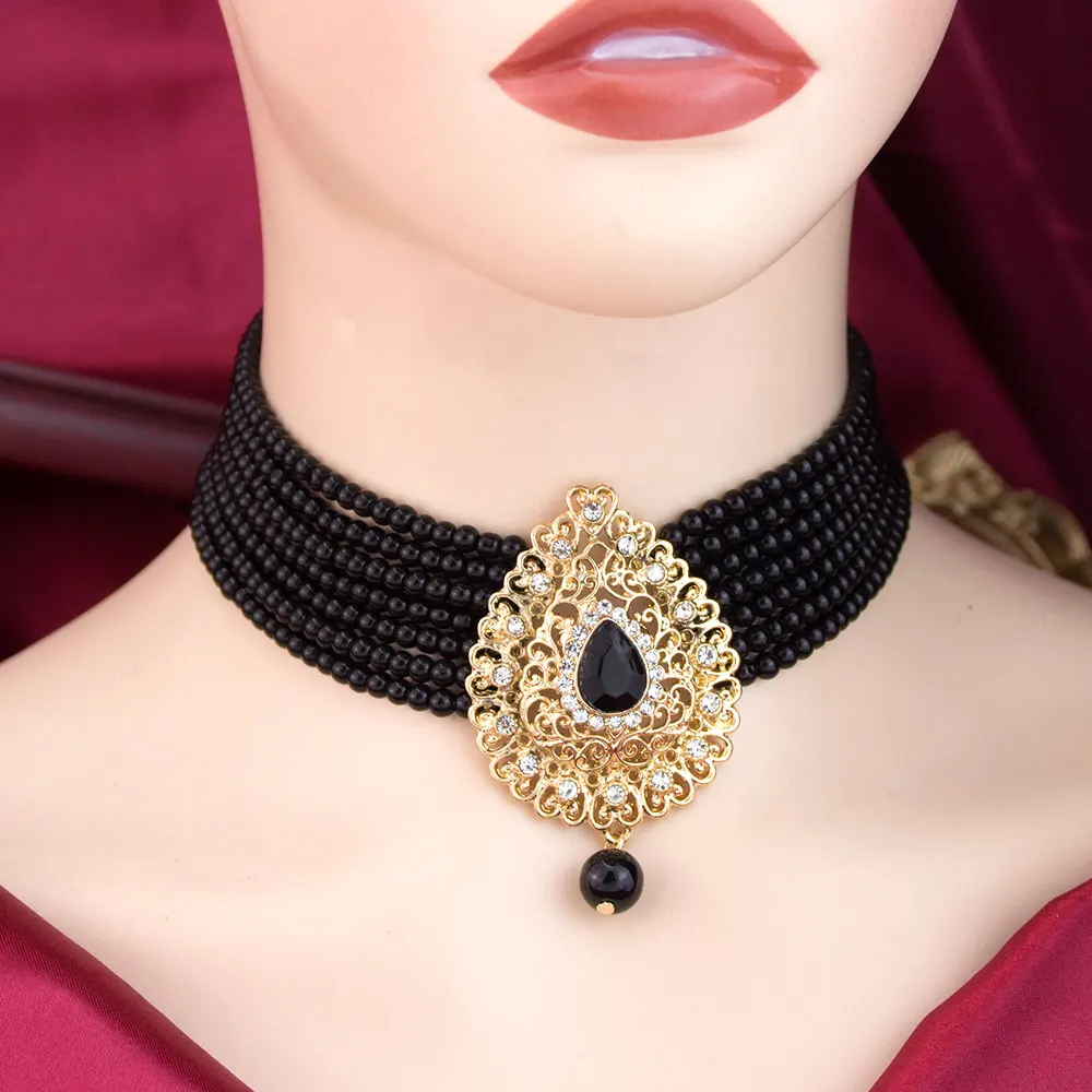 Sunspicems Gold Color Morocco Bead Necklace Multichain Choker For Women Gold Color Arab Bridal Jewelry Droplet Pendant Hairband