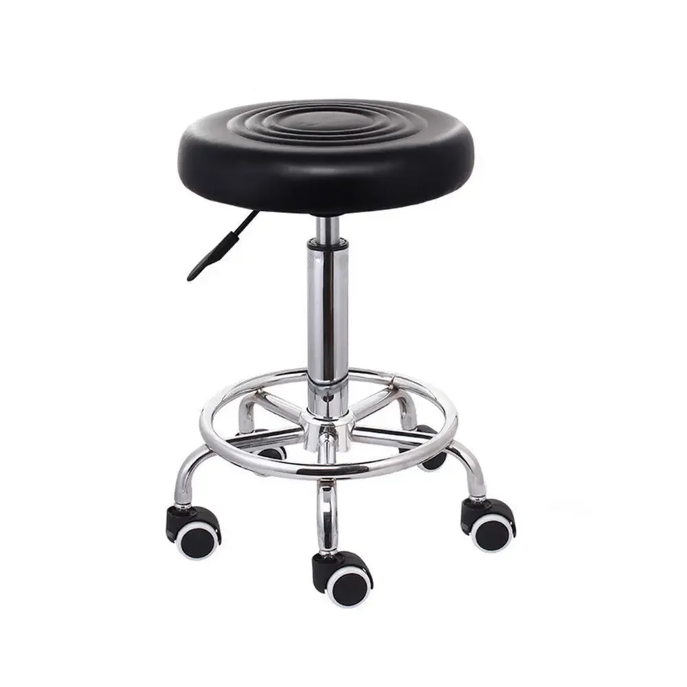 Round Rolling Stool Height Adjustable with Wheels and Foot Rest for Spa Salon Massage White/Black Chair