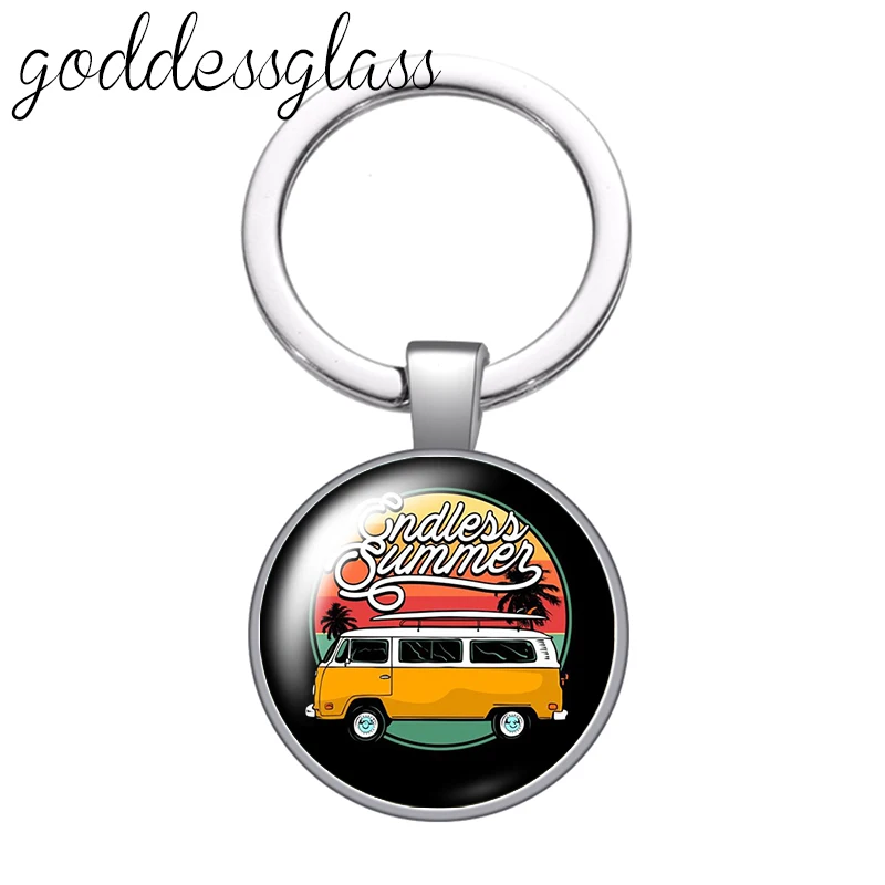 Summer seaside travel surfing trip Car travel 25mm glass cabochon keychain Bag Car key chain Ring Holder Charms keychains gift