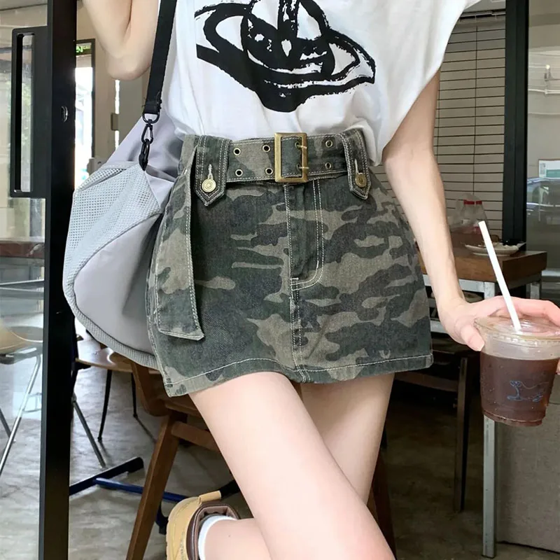 Biyaby Y2K Camouflage Jean Skirts Women American Retro High Waist Mini Skirt Woman Summer High Street with Belt Bag Hip Skirt