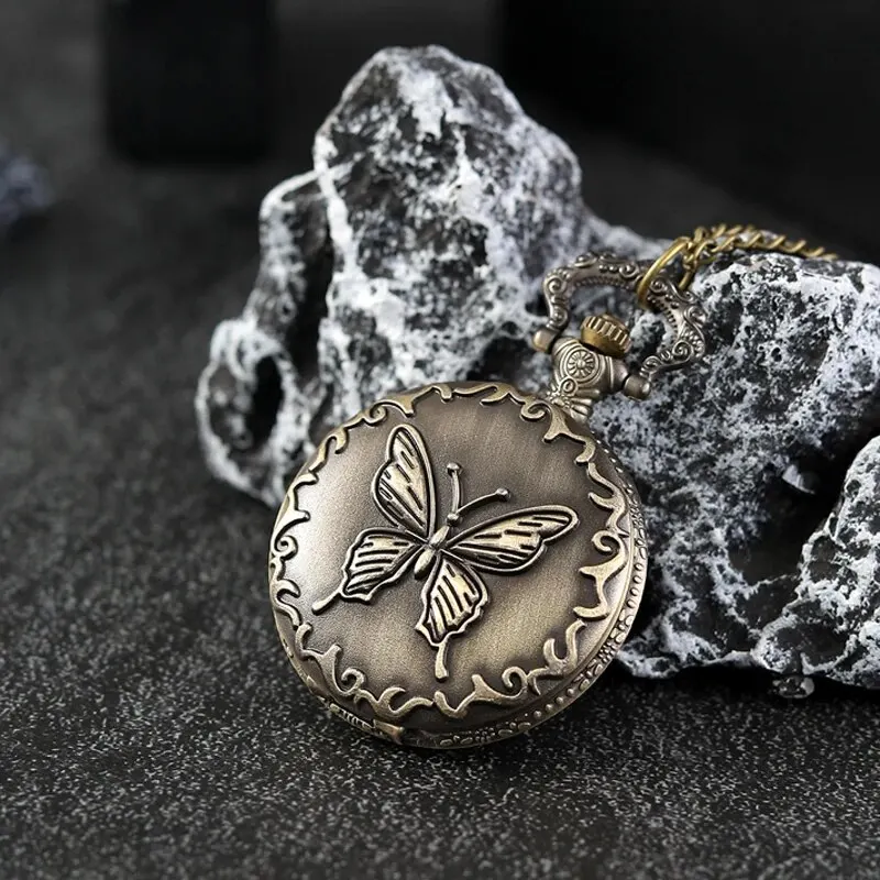 Luxury Fashion Mens Bronze Double-edged Carved Butterfly Quartz Pocket Watch Necklace Pendant Gifts For Women Man with Chain