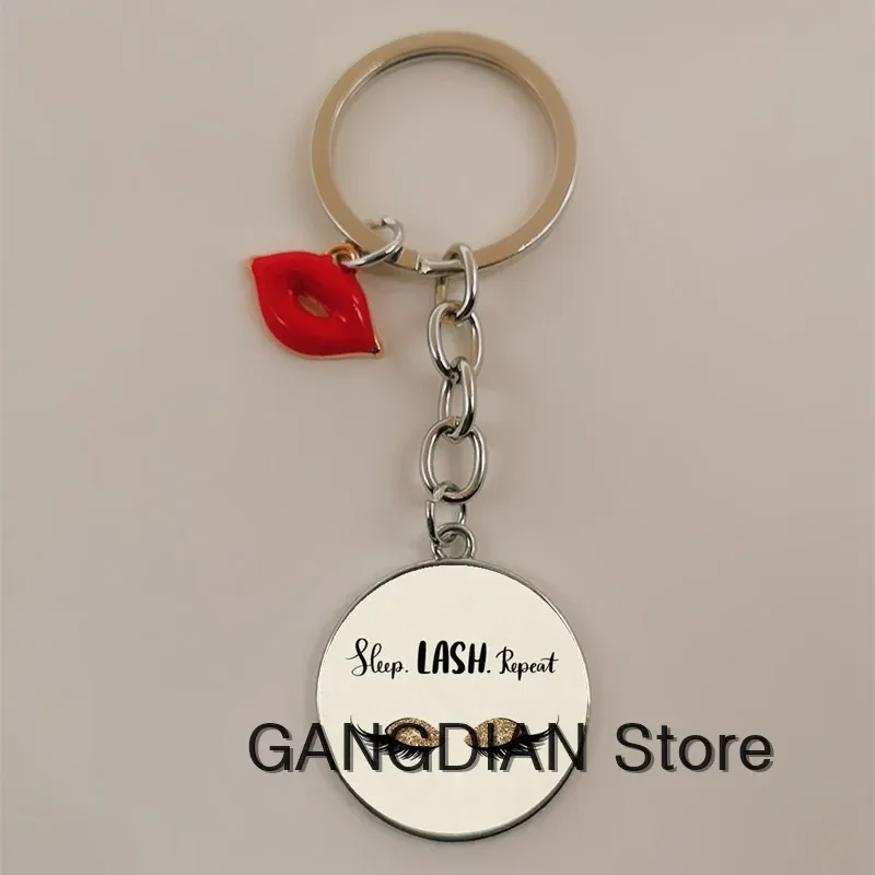 Ladies cute eyelash keychain fashion lipstick car bag jewelry DIY glass cabochon pendant keychain female school bag pendant gift