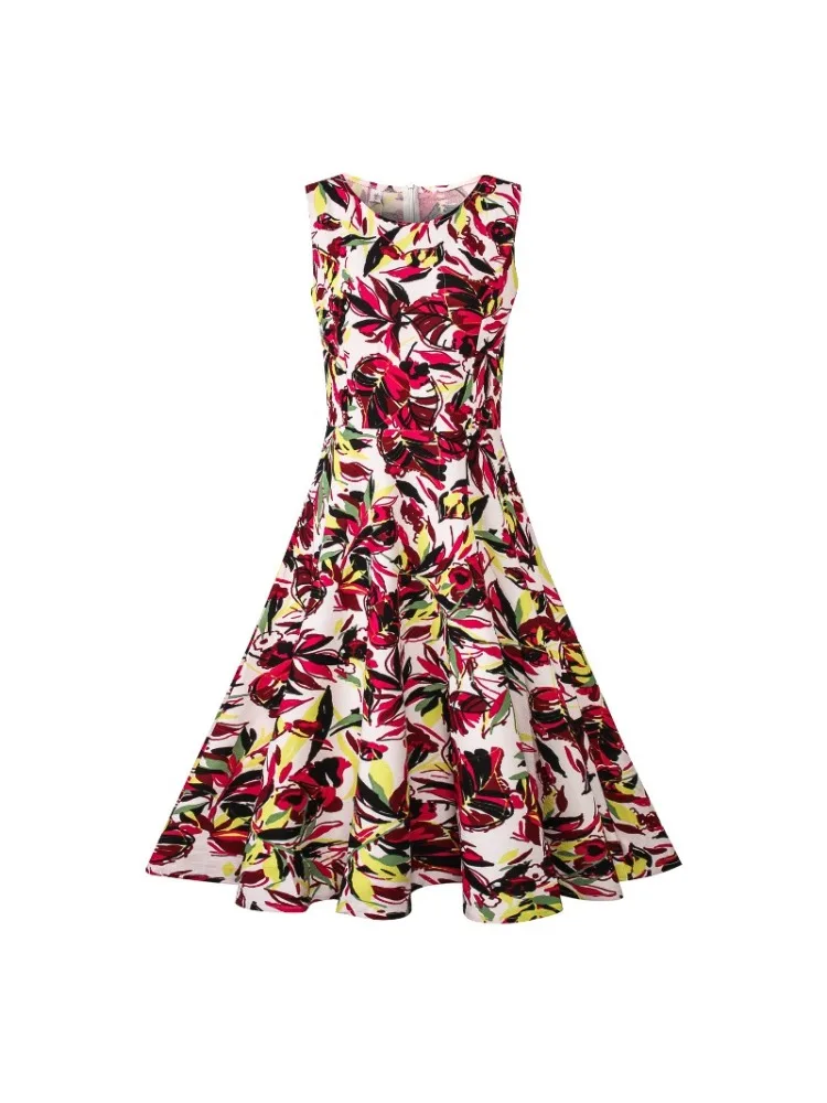 Hepburn Style Floral Printing Vintage Summer Dress New Women Sleeveless Large Swing Sexy Party Dress Plus Size S-3XL