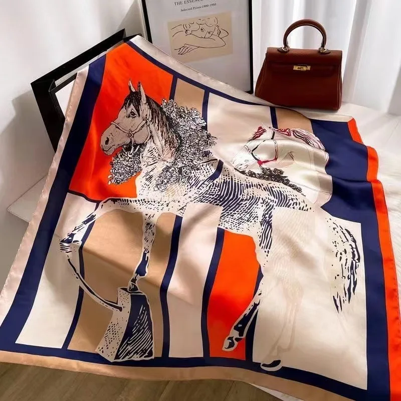 Horse Print Square Scarf Hijab Women Satin Silk Bandana Muslim Headband Neckerchief Female Hair Band Wrap Shawls Foulard 70cm