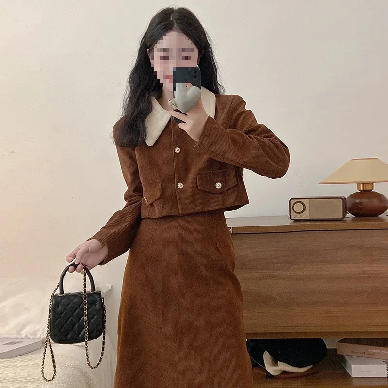 Corduroy 2-Piece Set Autumn/Winter New Style Plus Size Tweed Jacket And Long Dress For Women Fashionable and Elegant