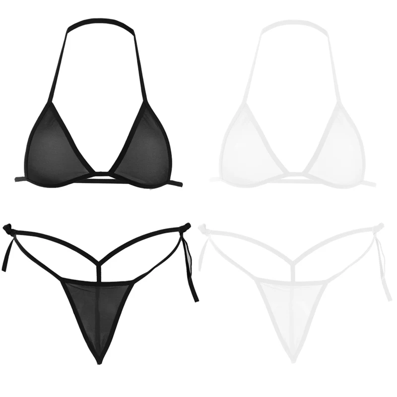 Sexy Mini Bra Sets Wirefree Ultra-thin Mesh Unlined Bra Brief Set Black Transparent 2 Pieces Halter Women's Exotic Lingerie Sets