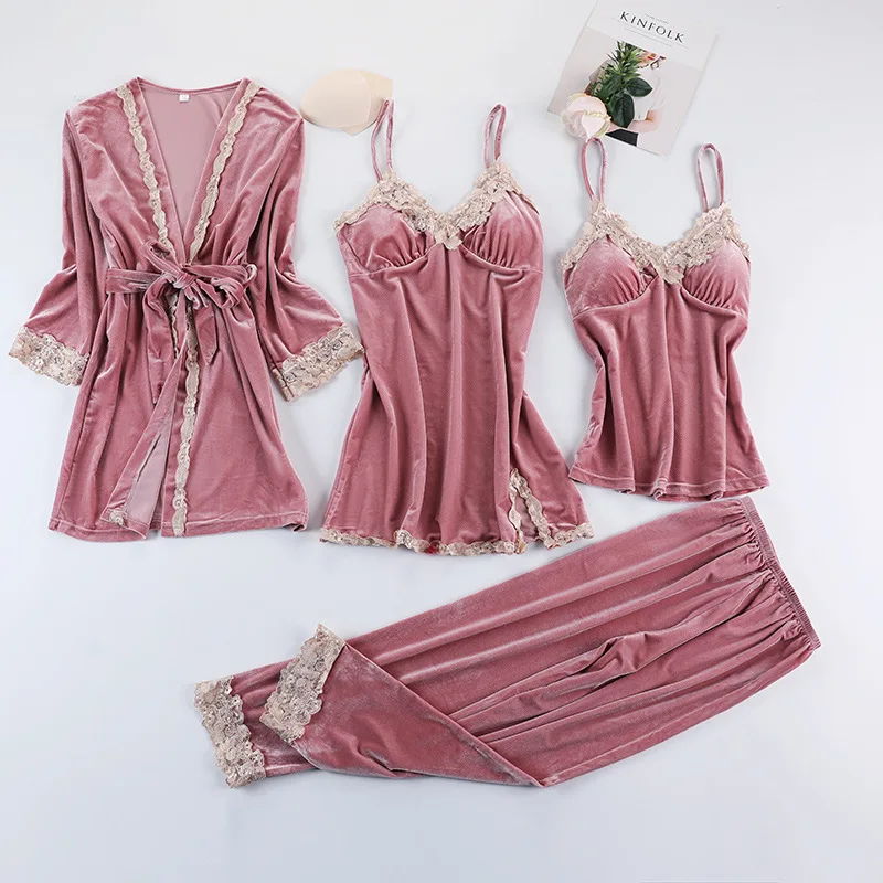 Sleepwear for Women Autumn Winter Sexy Gold Velvet Pyjama Four Piece Set with Chest Long Sleeved Nightgown Pijama Outerwear