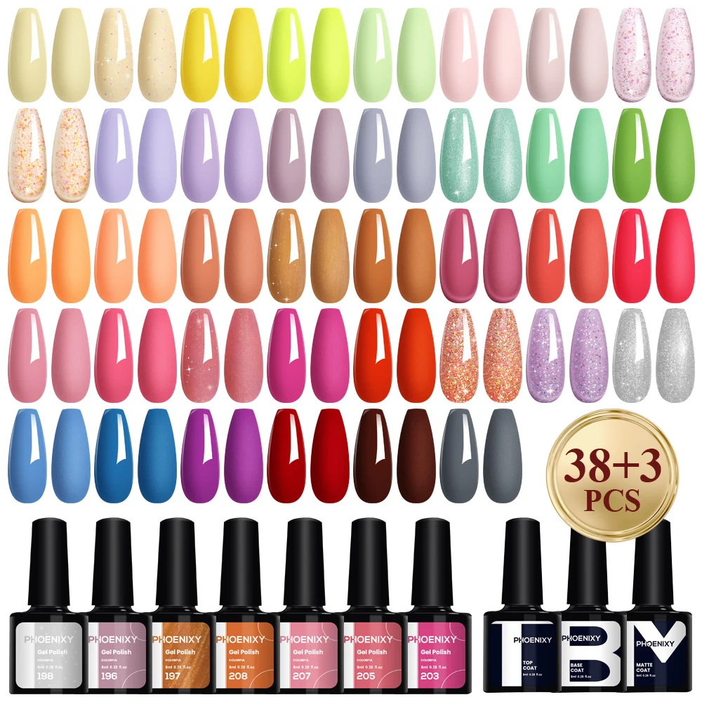 PHOENIXY 38PCS Gel Nail Polish Set with 8ML Base Matte Top Coat Long Lasting Gel Varnish Semi Permanent Nail Gel Set for Girls