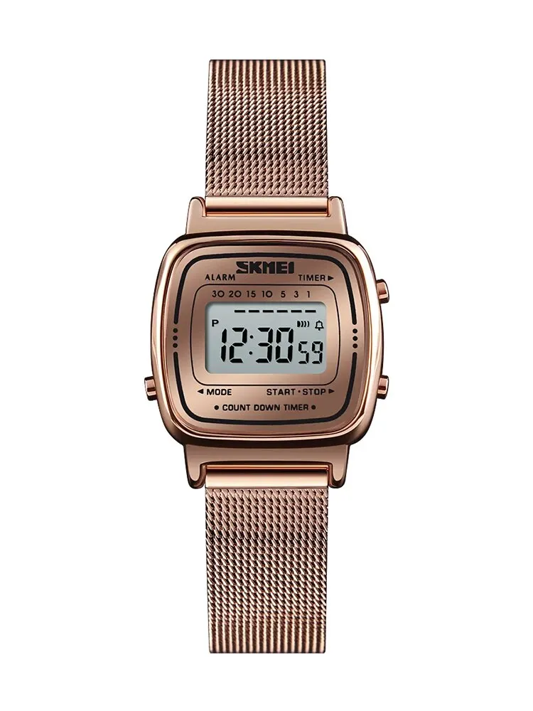 Skmei Luxury Stainless Steel Countdown Watch Womens Fashion Ladies Sport Wristwatch Waterproof Small Dial Chrono Digital Clock