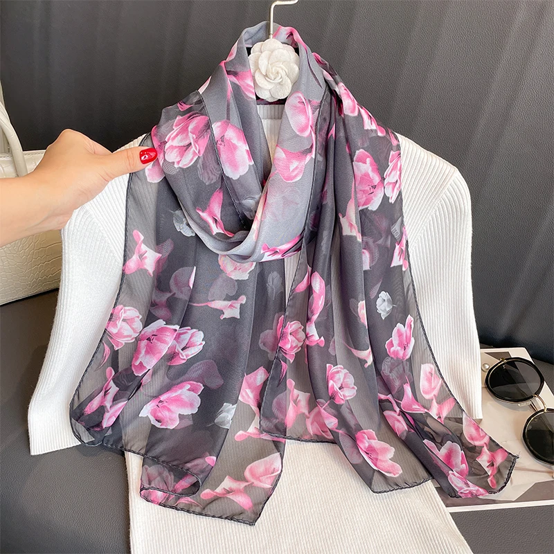 2023 Fashion Printed Floral Chiffon Hijab Scarf Women Pareo Lady Bandanas Beach Towels Summer Muslim Veil Wrap Female Foulard